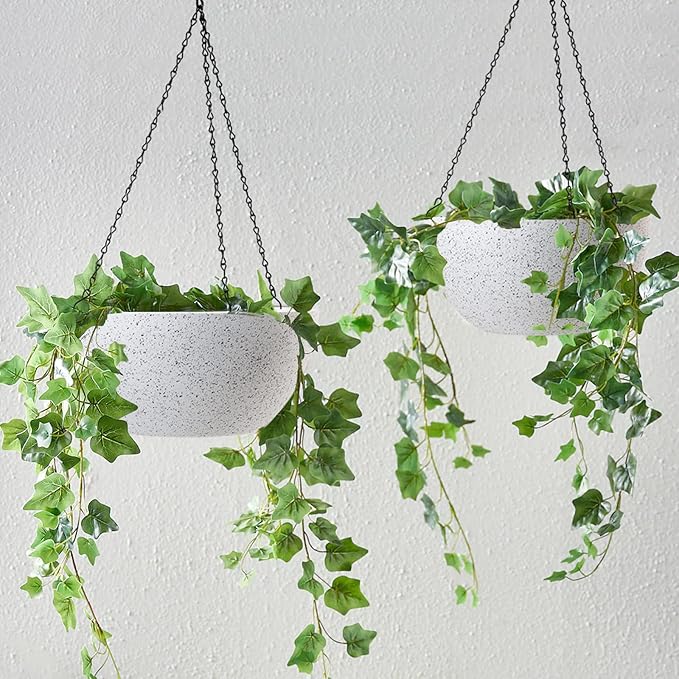 WOUSIWER 13 inch 2Pack Large Hanging Planters for Outdoor Indoor Plants with Drainage Holes and Chain, Round Hanging Flower Pots for Garden Home Porch Decor, White Speckles-Ruum Studio Home