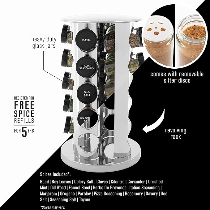 Kamenstein 20 Jar Revolving Countertop Spice Rack with Spices Included, FREE Spice Refills for 5 Years, Polished Stainless Steel with Black Caps, 30020 (Pack of 3)-Ruum Studio Home