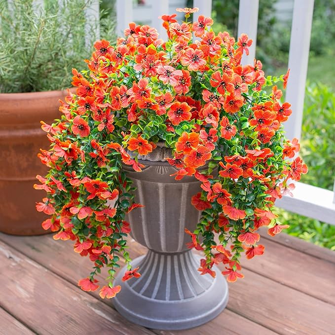 INSPRING Fall Fake Mums Artificial Flowers Hanging Decoration for Outdoors, 2Pcs Orange Daisy with Autumn Eucalyptus Leaves, Realistic Plants Decor, Silk Flower for Porch Patio Balcony Planter Yard-Ruum Studio Home