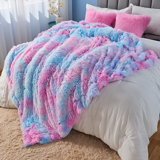 GONAAP Fuzzy Faux Fur Throw Blanket Queen Size Purple Rainbow Super Soft Cozy Plush Fuzzy Shaggy Blanket for Couch Sofa Bed (Purple Rainbow, Queen(90"x90"))-Ruum Studio Home