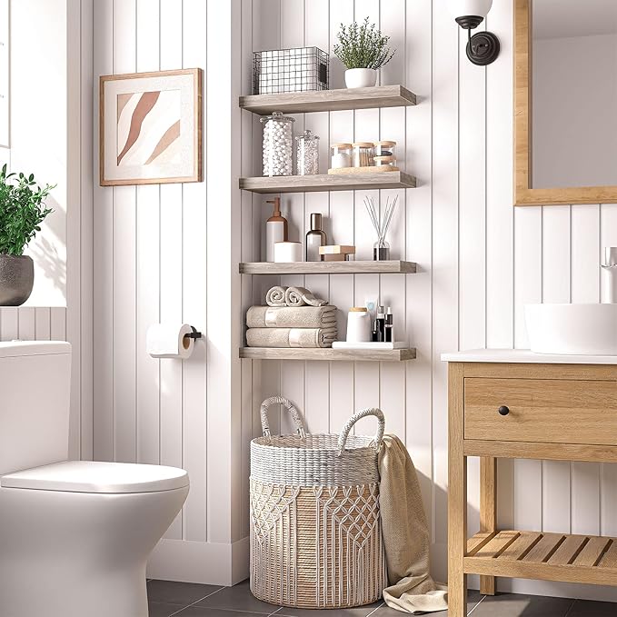 HOOBRO Floating Shelves, Wall Shelf Set of 2, 23.6 Inch Hanging Shelf with Invisible Brackets, for Wall Decor in Bathroom, Bedroom, Toilet, Kitchen, Living Room, Office, Greige BG60BJ01G1-Ruum Studio Home