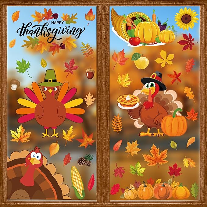 9 Sheets Thanksgiving Window Clings, 115PCS Thanksgiving Decorations Window Stickers, Turkey Decal Stickers with Cute Cones Nuts Maple Leaves Patterns for Fall Harvest Decorations Decor Accessories-Ruum Studio Home