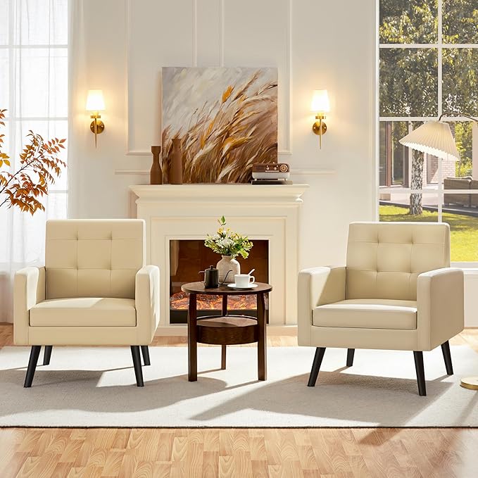 Yaheetech Mid-Century Accent Chairs, PU Leather Modern Upholstered Living Room Chair, Cozy Armchair Button Tufted Back and Wood Legs for Bedroom/Office/Cafe Beige 2PCS-Ruum Studio Home