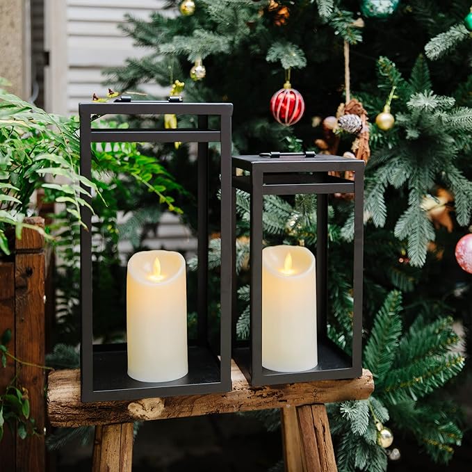HPC Decor Black Metal Candle Lanterns Set of 2- Lanterns Decorative w/ LED Timer Candles- 15.8'' & 12.6'' Chunky Modern Farmhouse Lantern Decor for Indoor,Outdoor,Fireplace,Porch (No Glass)-Ruum Studio Home