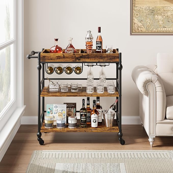 Bar Cart, Bar Carts for The Home, 3 Tier Serving Cart with Wheels, Home Bar & Serving Carts, Metal Rolling Cart with Wine Rack & Removable Tray for Kitchen, Dining Room, Living Room-Retro Brown-Ruum Studio Home