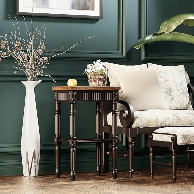 Rustic Farmhouse Cottagecore Accent End Table Set of 2, Distressed Accent Side Table with Espresso Tray Top and Woven Wicker Shelf, Boho, French Country Decor, Square, Weathered Brown & Black-Ruum Studio Home