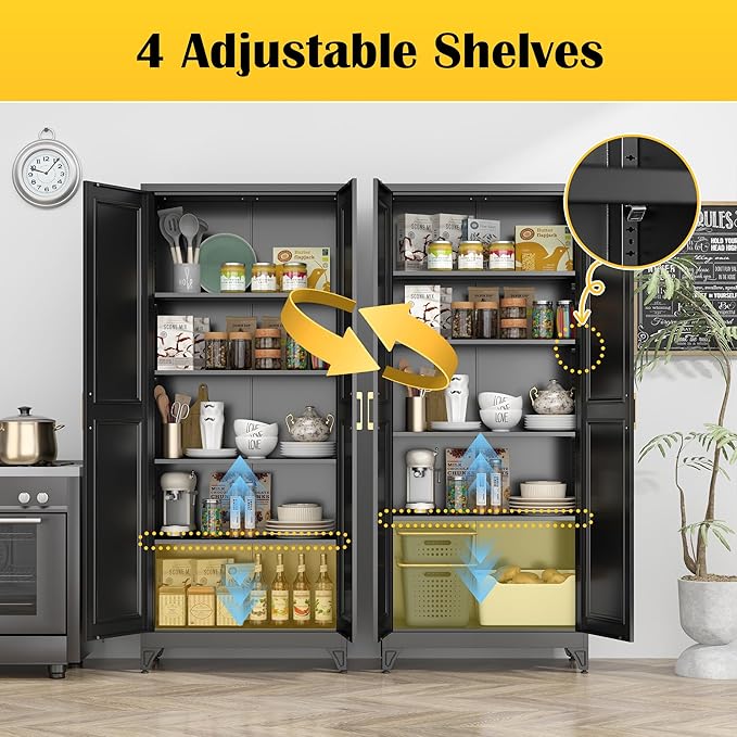 Kitchen Pantry Cabinet,75”Black Metal Storage Cabinets with Doors and 4 Adjustable Shelves,Kitchen Cabinet with 2 Gold Handles,Tall Cabinet for Livingroom, Bathroom-Ruum Studio Home