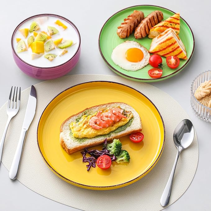 vancasso Bonita Stoneware Dinnerware Sets, 12 Pieces Dishes Set，Polished Round Plates and Bowls Set for 4, Dishwasher and Microwave Safe, Multicolor-Ruum Studio Home