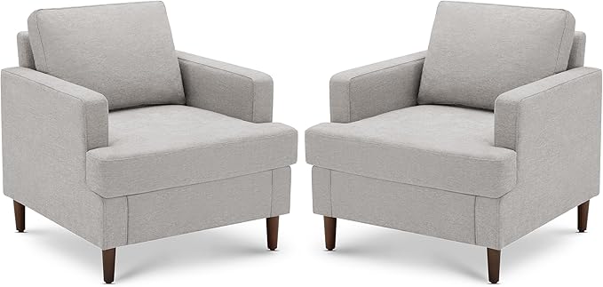Mid-Century Accent Chair,Modern Linen Fabric Armchair for Living Room,Comfy Upholstered Reading Accent Chairs for Bedroom,Single Sofa Chair with Wood Legs (Light Grey, 2 Pack)-Ruum Studio Home