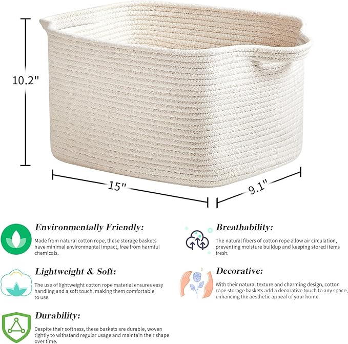 3 Packs Cotton Rope Woven Basket With Handles for Shelves -15"*10.2"*9.1"(White)-Ruum Studio Home