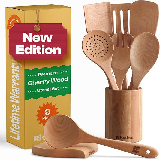 Riveira Cherry Wooden Spoons for Cooking Set of 9 – Natural Cherry Wooden Cooking Utensils, Wooden Spatula, Wooden Spoon - Premium Quality Wooden Utensil Set for Non-Toxic Cooking-Ruum Studio Home