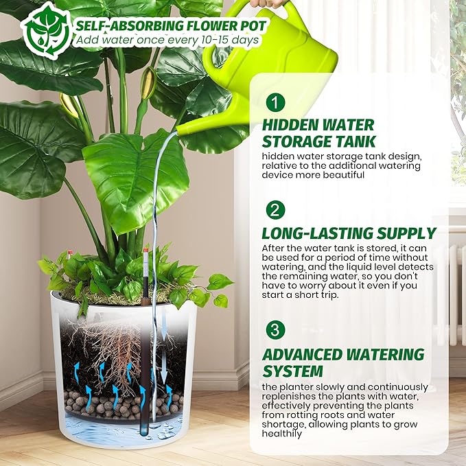 Tall Round Planter Set of 2, 19.5‘’ H x 19.9" Dia Large Planters for Indoor Plants with Built-in Drainage and a Water Level Monitor and Wheels for Patio, Porch, Living Room, or Home Office, White-Ruum Studio Home