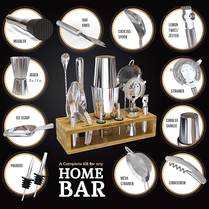 Highball & Chaser 13-Piece Boston Cocktail Shaker Set Stainless Steel Mixology Bartender Kit With Stand For Home Bar Cocktail Set | Laser Engraved Cocktail Tools | Plus E-Book with 30 Cocktail Recipes-Ruum Studio Home