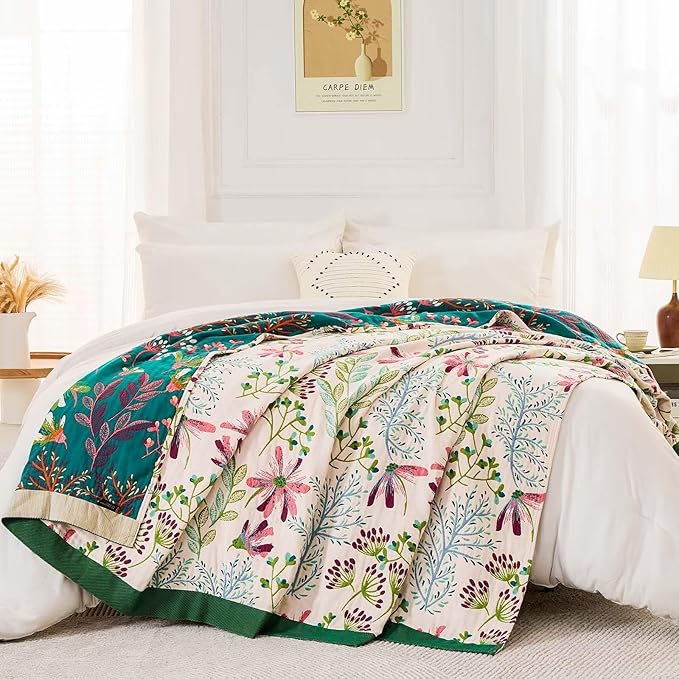 Boho Throw Blanket for Bed, 100% Cotton Soft Rustic Quilt Fall Blanket, 90"x98" Floral Printed Farmhouse Decor Bed Blankets, All Season Rustic Reversible Bohemian Throw Quilt-Ruum Studio Home