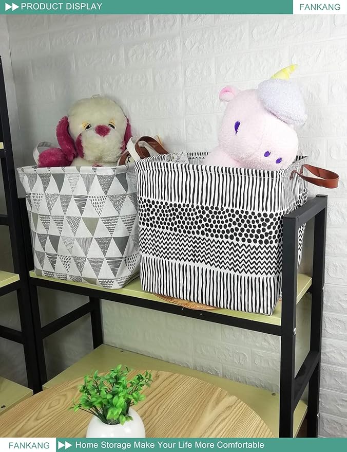 FANKANG Square Nursery Hamper Storage Bins Canvas Laundry Basket Foldable with Waterproof PE Coating Storage Baskets Gift Baskets for Children, Office, Bedroom, Clothes（Square-Black Lines ）-Ruum Studio Home