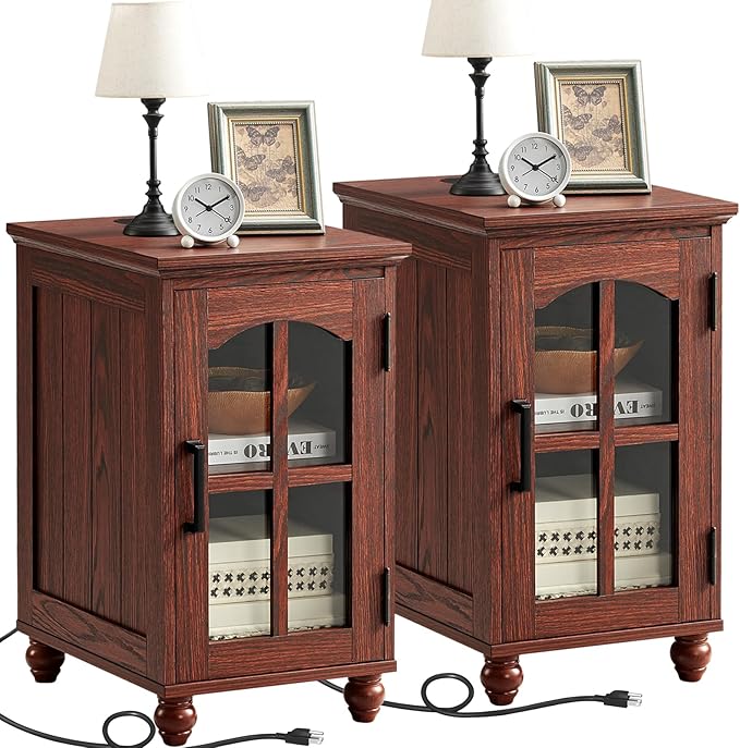 Narrow Side Table Set of 2,Farmhouse Nightstand with Charging Station,End Table with Glass Barn Door Storage, Cabinet Organizer with Adjustable Shelf, Night Stand for Small Spaces Living Room Bedroom-Ruum Studio Home