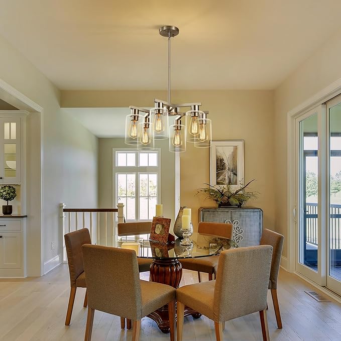 6-Light Modern Farmhouse Brushed Nickel Chandelier, Dining Room Light Fixture Over Table Adjustable Height Hanging Industrial Pendant Lights Kitchen Island, Clear Glass Shade-Ruum Studio Home