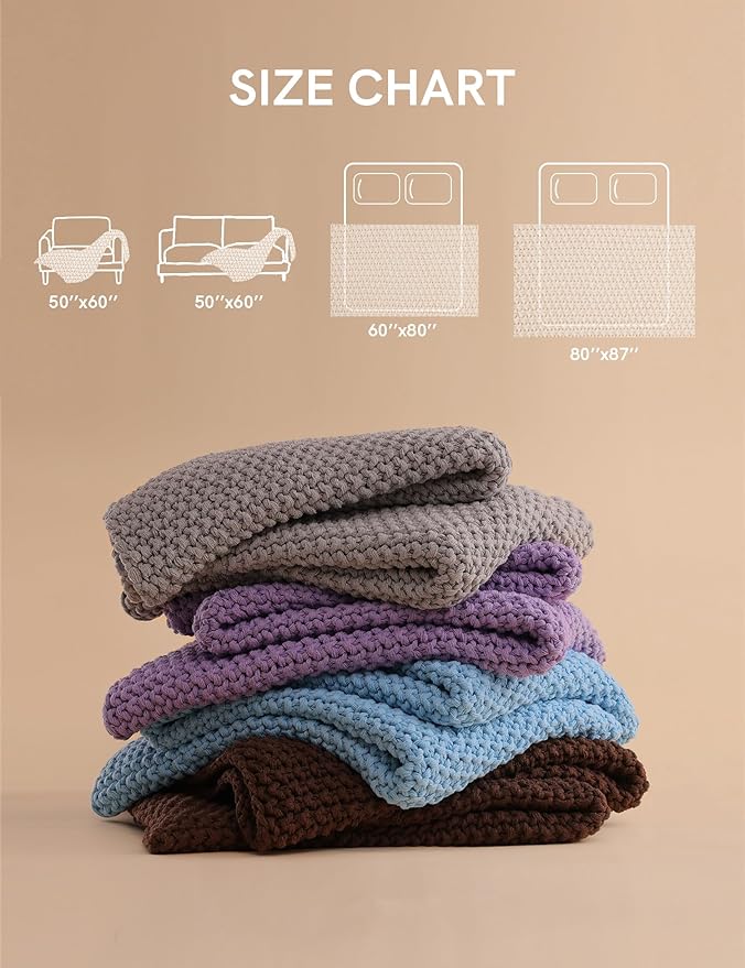 YnM Chunky Cotton Knit Throw Blanket, Cable Knit Throws for Bed Couch Sofa, Comfy & Relaxing, Decorative Piece for Farmhouse Modern Boho Rustic Scandinavian Chic Vibe, Lilac Purple 50x60 Inches-Ruum Studio Home