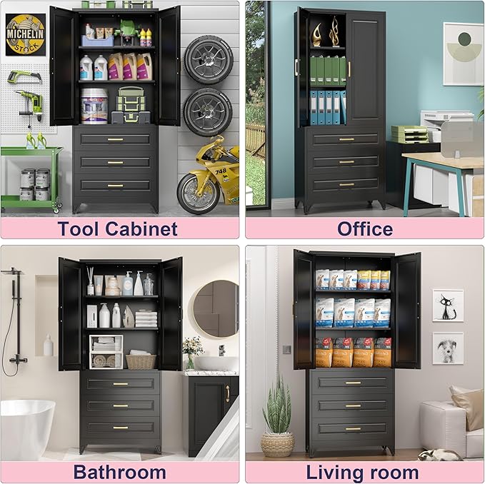 Pantry Kitchen Cabinet with Drawer, 75" Tall Pantry Storage Cabinet, Metal Storage Cabinets with Doors and Shelves, Large Freestanding Cupboard for Dining Room, Assembly Required, Black-Ruum Studio Home