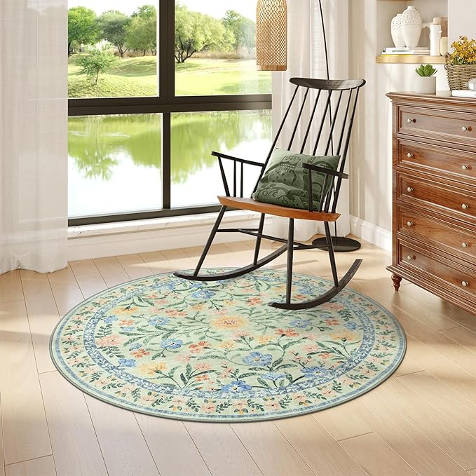 Wonnitar Washable Round Area Rug, 5ft Green Floral Round Rug Boho Soft Circle Carpet, Non Slip Low Pile Circle Accent Carpets for Kitchen Living Room Entryway Bedroom-Ruum Studio Home