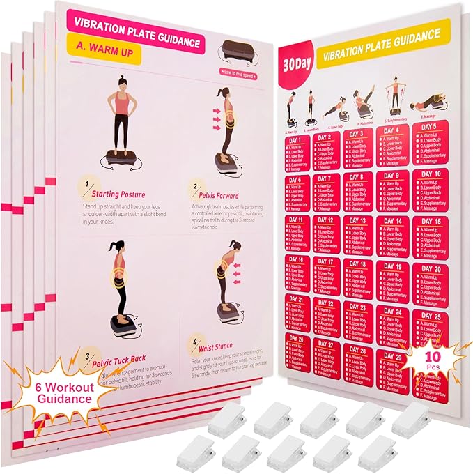 Vibration Plate Exercise Machine Poster - Upgraded 6 Workout Guidance & 10 Pcs Planner & 10 Pcs Double-Sided Clips, Comprehensive Whole Body Wave Vibrating Workout Chart, Pink-Ruum Studio Home