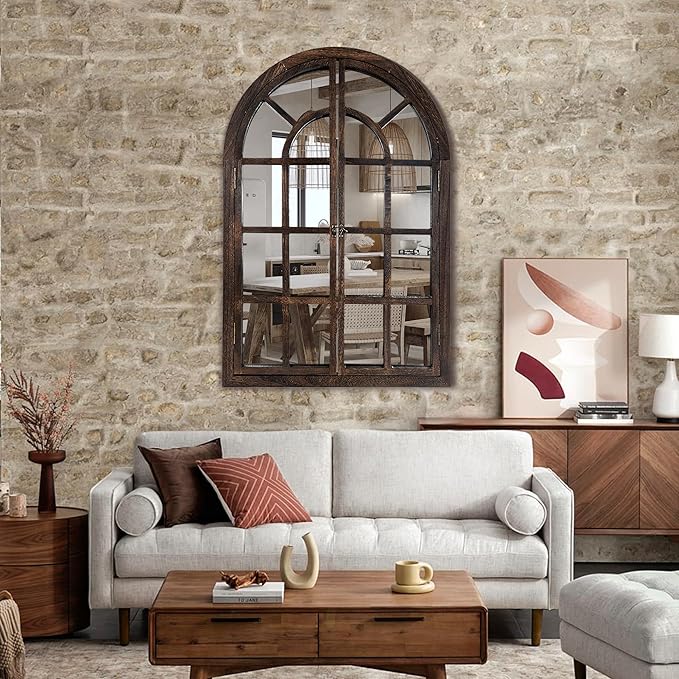 Arched Wall Mirror with Window Design, 36"x24" Rustic Farmhouse Wood Mirror for Wall Decor, Decorative Vintage Arch Mirror for Living Room, Bedroom, Entryway-Ruum Studio Home