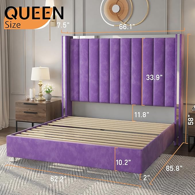 Jocisland Queen Bed Frame with 58" Tall Headboard, Velvet Upholstered Platform Bed with Channel Tufted Wingback Headboard and Plating Trim, No Box Spring Needed, Purple-Ruum Studio Home