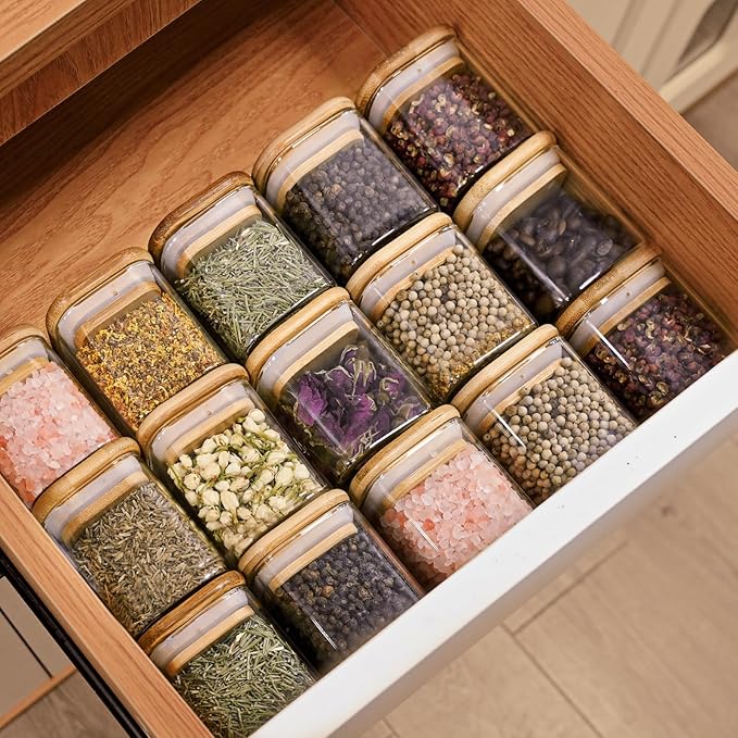 Glass Food Storage Jars Square 4oz, 12 Pack Glass Jars With Bamboo Lids, Kitchen Storage Containers For Spice, Candy, Cookie, Storage For Pantry Organizers-Ruum Studio Home