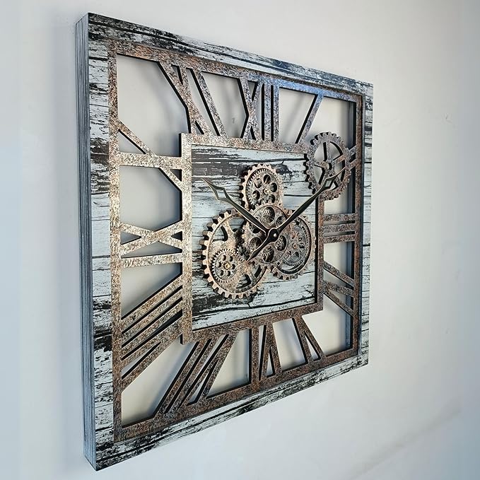The Gears Clock 24'' Inch Square Real Moving Gear Wall Clock Vintage Industrial Oversized Rustic Farmhouse (Grey and White)-Ruum Studio Home