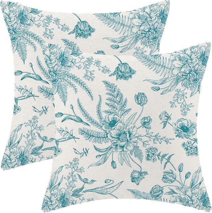 CXMEIFLY Aqua Teal Spring Pillow Covers 18 x 18 Inch Set of 2 for Chinoiserie Flowers Decor Throw Pillows Floral Leaves Seasonal Plant Outdoor Decorative Cushion Cases for Couch Bed Decorations-Ruum Studio Home