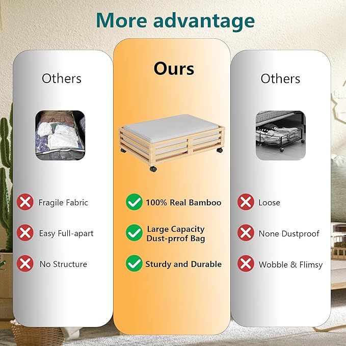 Bamboo Under Bed Storage Containers- Underbed Organizer with Wheels with Large Dust Bag,Sturdy Wood Rolling Under the Bed Shoe Storage Organizer Drawer 2 Packs (Nature, Small)-Ruum Studio Home