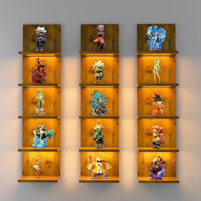 5 Tier Wall Shelf Unit, Modern Vertical Lack Wall Shelves with Light, Wall Mount, Floating Column Home Decor Shelves for Bedroom, Living Room, Vanity Storage Display(Dark Brown)-Ruum Studio Home