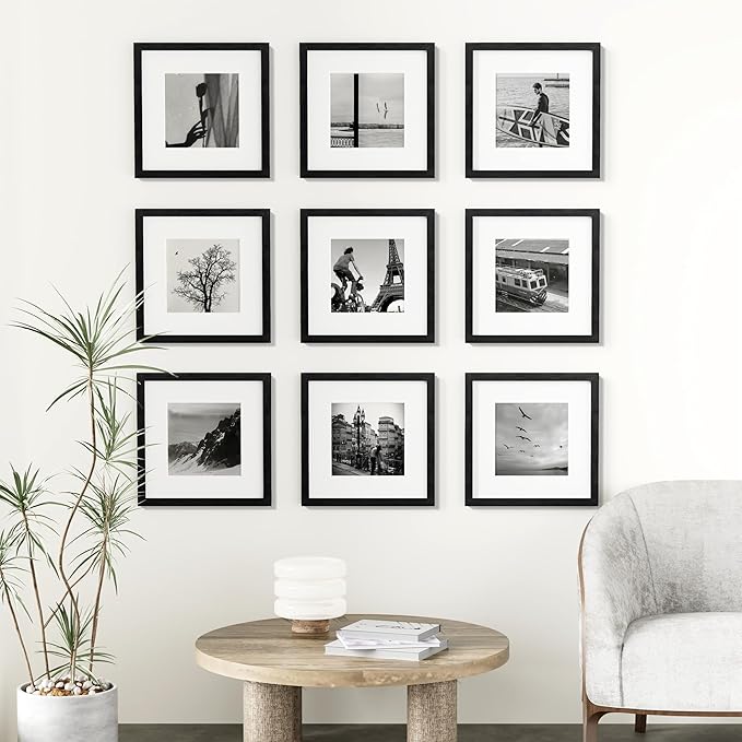 Vittanly 12x12 Picture Frames Set of 9, Shatter Resistant Plexiglass, Display 8x8 Pictures with Mat or 12x12 without Mat, Photo Frames for Wall Mount, Engineered Wood, Black-Ruum Studio Home