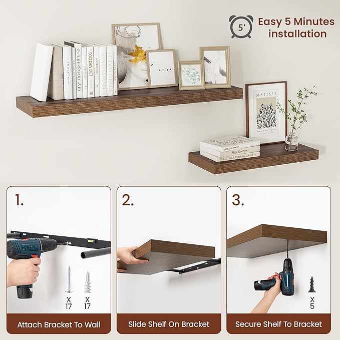 Wide Floating Shelves for Wall 12 Inch Deep, 36" X 12" X 2" Floating Shelf, 2 Inch Thick Shelf for Bathroom Bedroom Kitchen Book Room, Heavy Duty 65lbs Shelves for Farmhouse Decor Set of 2, Walnut-Ruum Studio Home