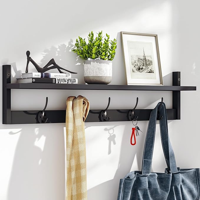BAMEOS Wall-Mounted Shelf with Hooks - 28.9 Inch Entryway Hanging Shelf with 5 Dual Hooks for Bathroom, Living Room, Bedroom (Black)-Ruum Studio Home