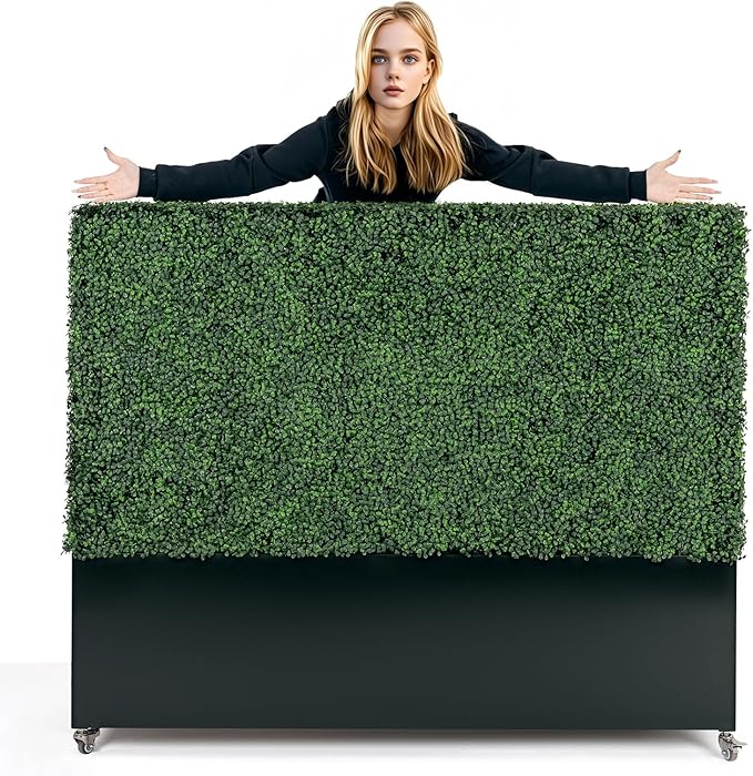 Artificial Boxwood Hedge Divider Wall with Black 201 Stainless Steel Planter Box (60" L X 48" H X 14" D)-Ruum Studio Home