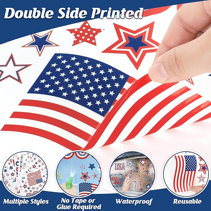 158 Pcs 4th of July Window Clings, 9 Sheets Patriotic Window Clings Decals, Watercolor Double-Sided American Flag Stars Firework Window Stickers for Independence Day Parade Veterans Memorial Day Decor-Ruum Studio Home