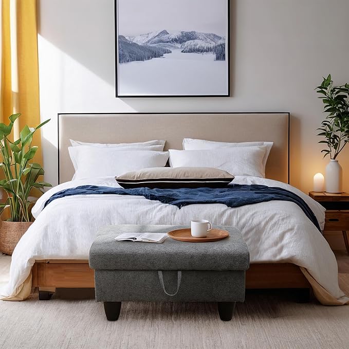 Ottoman Rectangular Storage Ottoman Bench, Flannel Footrest Stool Footstool with Lid for Living Room, Bedroom, Entryway, Dark Gray, 28.5"x19"x17.5"-Ruum Studio Home