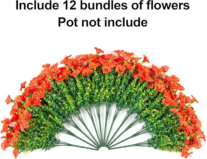 Artificial Fall Flowers Fake Plants for Outdoors Autumn Decoration, 12 Bundles Orange Silk Morning Glory with Eucalyptus Look Real UV Resistant Faux Flowers for Outside Planters Front Door Yard Indoor-Ruum Studio Home