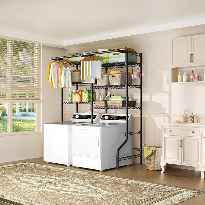 Ulif U13 Over Washer and Dryer Storage Shelves, 6 Tiers Laundry Room Standing Shelf with 2 Hanger Rods, Space Saver Clothes Drying Rack, 63.4" W x 22" D x 77.4" H, Black-Ruum Studio Home