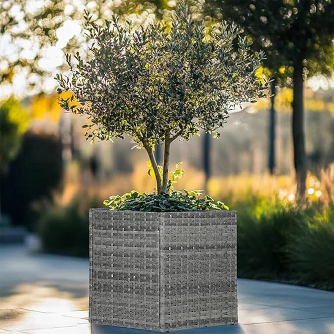LEWIS&WAYNE Large Square Planter Box Handmade Wicker Tall Planters for Outdoor Plants with Removable Liners Modern Planter for Indoor Outdoor Garden Patio Front Porch - Gray, 17''x17''x18''-Ruum Studio Home