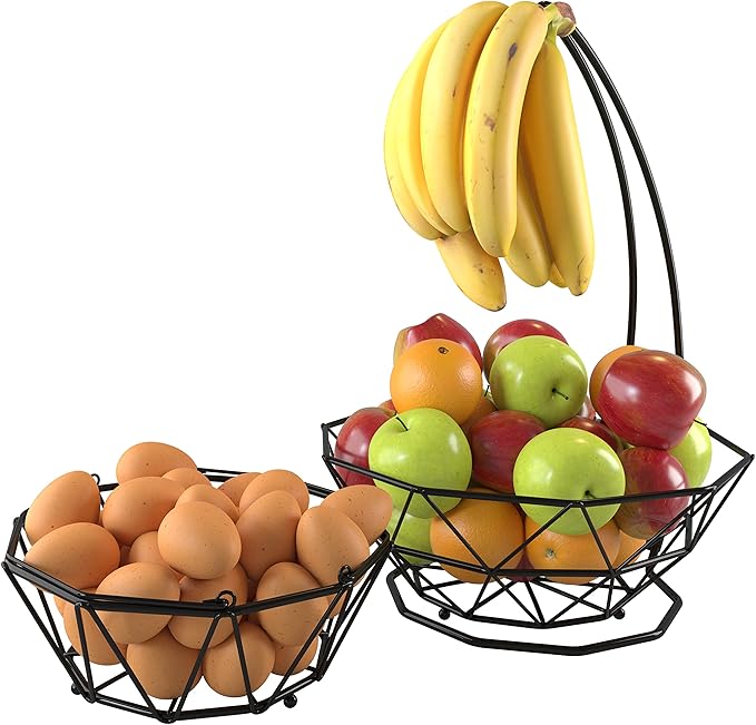 Fruit Basket with Banana Hanger and Fruit Bowl. Kitchen Counter Fruit Bowl with Banana Holder used as Bread, Vegetable or Produce Basket, Egg Holder, 2 Tier-Ruum Studio Home
