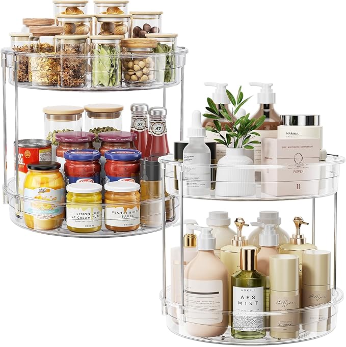 LAMU 2 Pack 2 Tier Lazy Susan Turntable Organizer 12inch Rotating Spice Rack Organization for Cabinet, Kitchen, Pantry, Countertop, Bathroom, Vanity, Medicine Cabinet Organizer, Clear-Ruum Studio Home