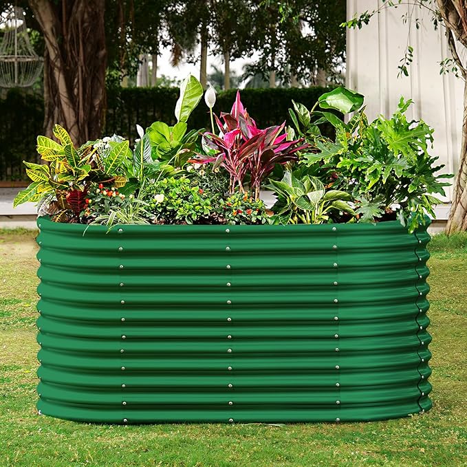 Land Guard 8x4x3ft Oval Galvanized Raised Garden Beds, Large-Capacity Metal Planter Box Outdoor, Durable Deep Raised Garden Bed 3ft Tall, Raised Beds for Gardening Vegetables, Forest Green-Ruum Studio Home