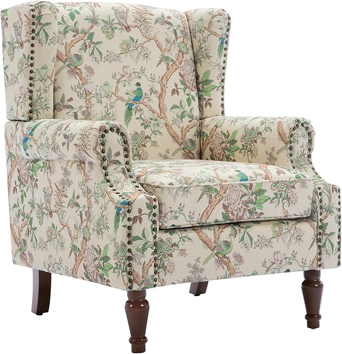 UIXE High Back Floral Accent Chair, Fabric Upholstered Armchair for Living Room, Retro Wingback Arm Chair with Solid Wood Legs, Nailhead Trim Single Sofa Bedroom Reading Seat - Bird Pattern-Ruum Studio Home