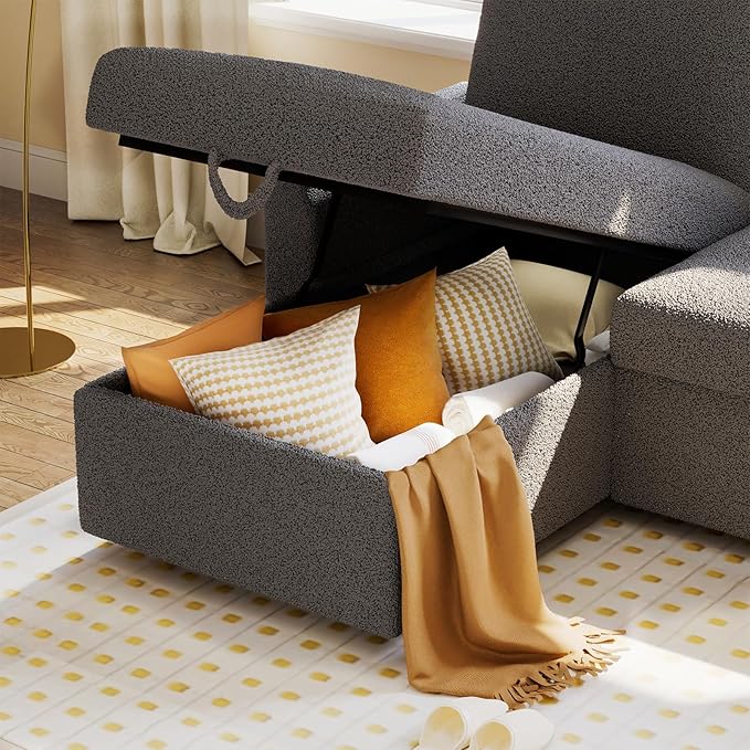 VanAcc Sofa Bed, Sleeper Sofa with Storage Chaise- 2 in 1 Pull Out Couch Living Room, Comfy Sleeper Couch, Grey Boucle-Ruum Studio Home