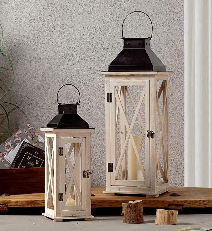 TIMRIS Large Wooden Candle Lanterns Decorative Set of 2, Rustic Farmhouse Whitewash Floor Lanterns, Indoor/Outdoor Hanging Lanterns for Home Decor (No Glass)-Ruum Studio Home