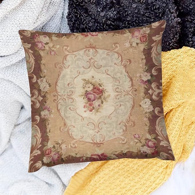 RURALS Antique Rose Floral French Aubusson Rug Decorative Pillow Covers Cozy Soft Throw Pillowcase Square Couch Cushion Cover for Home Decor Sofa Living Room Bed Car 18x18 Inch-Ruum Studio Home