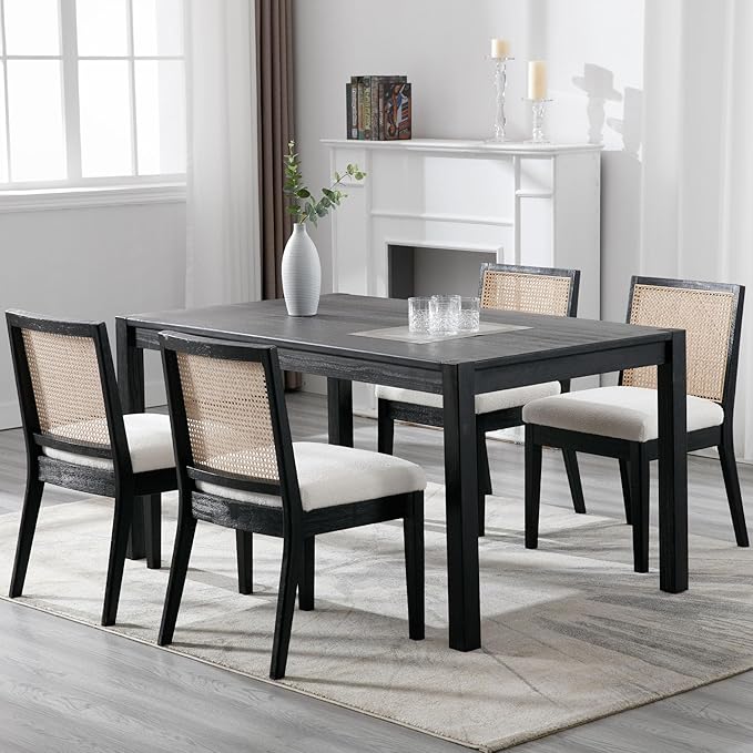 VESCASA Upholstered Dining Chairs with Square Rattan Back, Armless Padded Sherpa Fleece Cushion Dining Chairs with Wood Legs for Dining Room, Kitchen, Set of 6, Black Frame-Ruum Studio Home