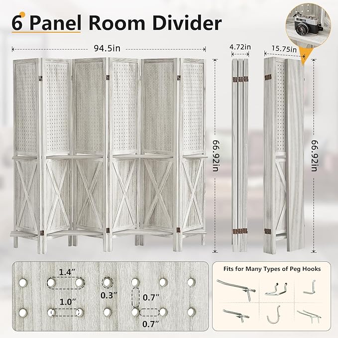 6 Panel Pegboard Display with 24 Hooks, Wooden Pegboard Room Divider Wall with Shelf, Rustic Room Dividers and Folding Privacy Screens, Bedroom, Jewelry Store, White-Ruum Studio Home